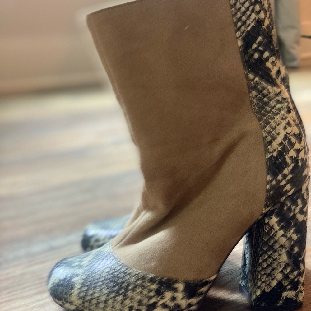 Elegant Snakeskin and Tan Heeled Boots